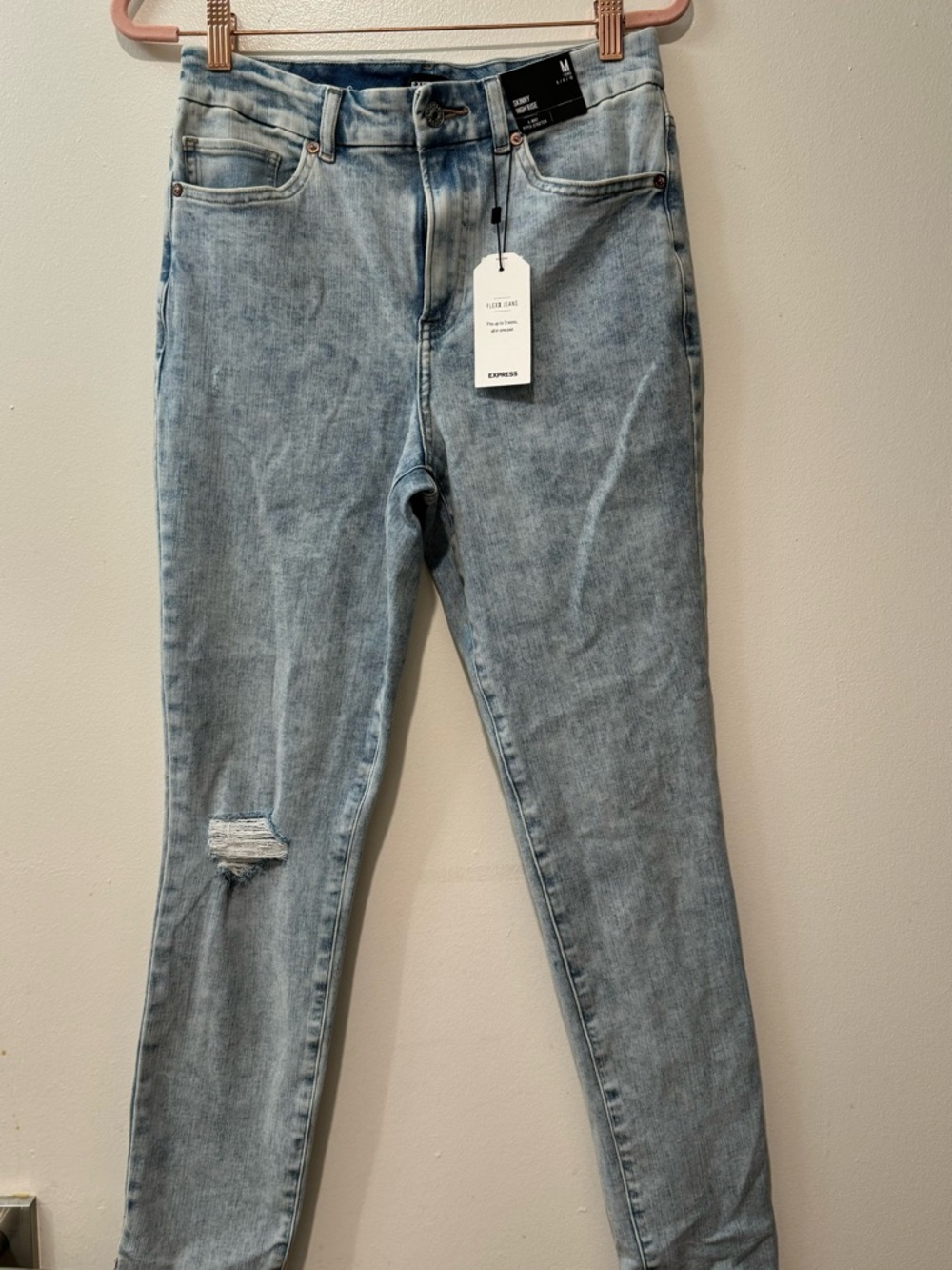 Express Skinny Jeans in Light Blue with Knee Distress